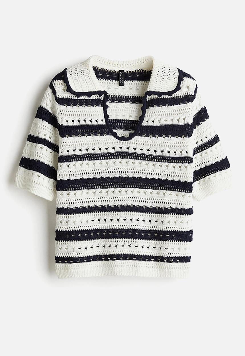 H&M - Collared hole-knit top - white & navy blue striped