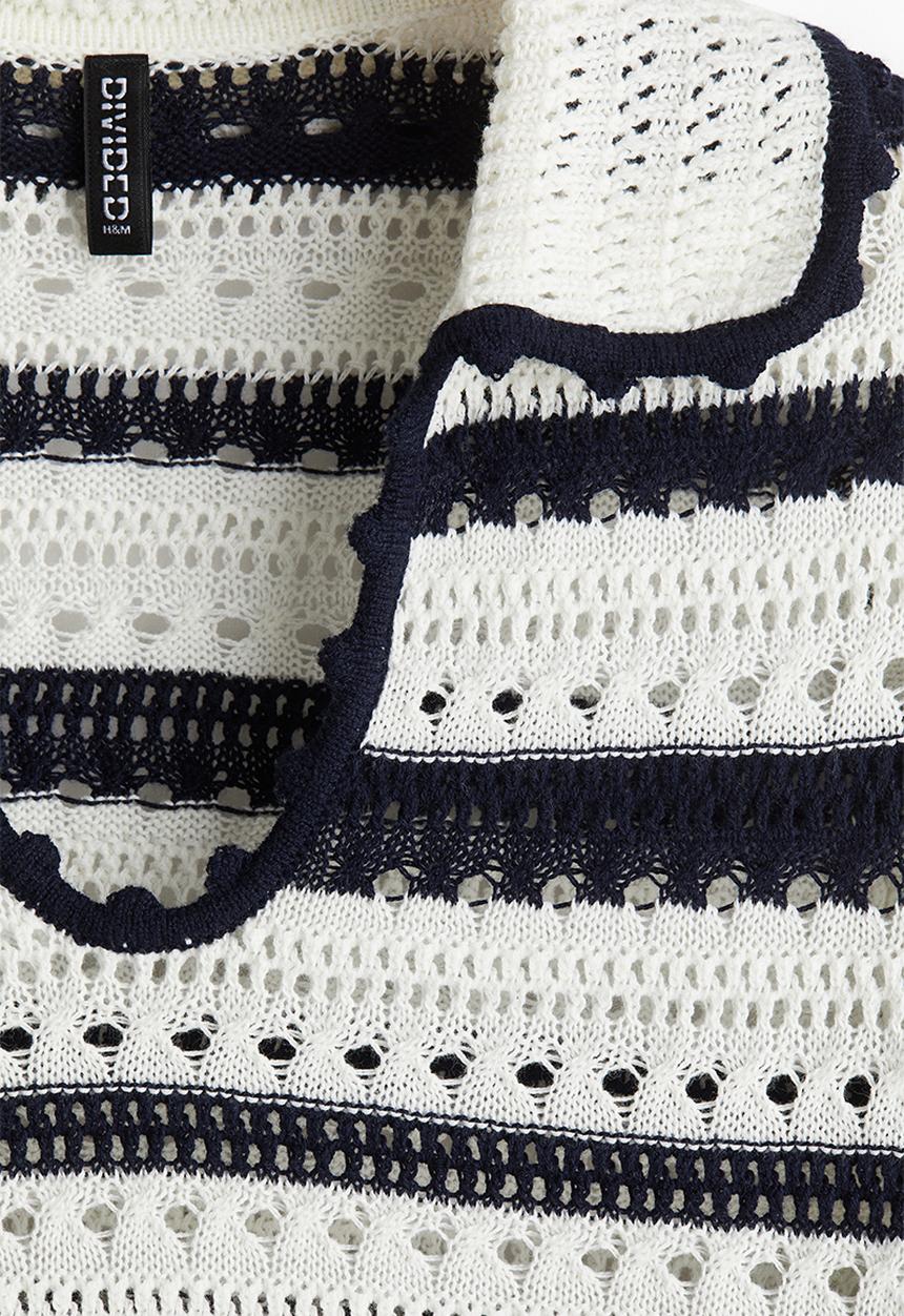 H&M - Collared hole-knit top - white & navy blue striped