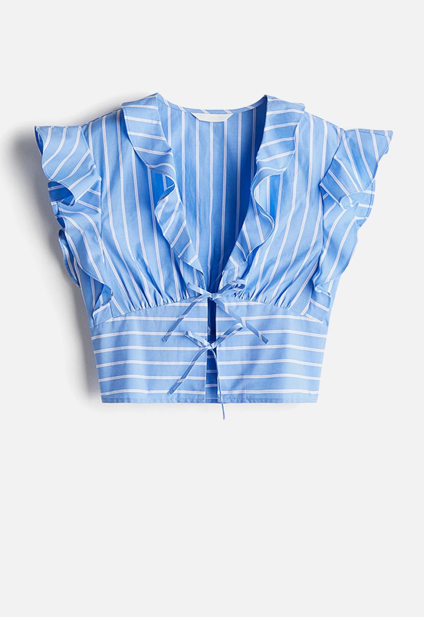 H&M - Tie-front poplin blouse - light blue striped