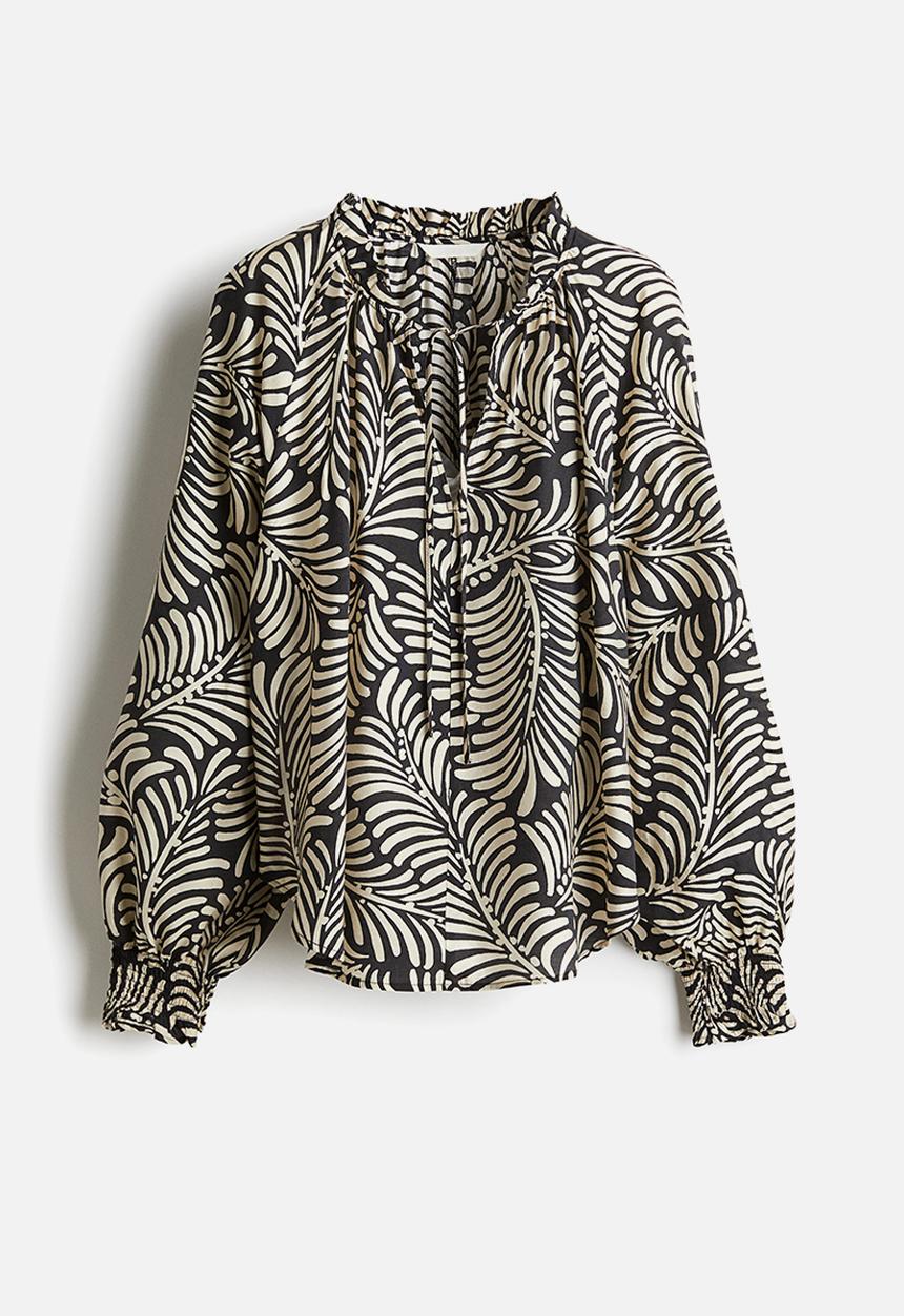H&M - Oversized tie-neck blouse - black & cream patterned