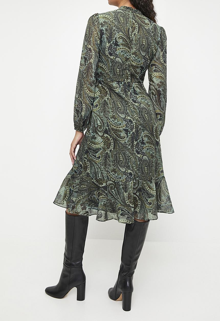 Trendyol - Shawl Patterned Ruffle Dress - Green