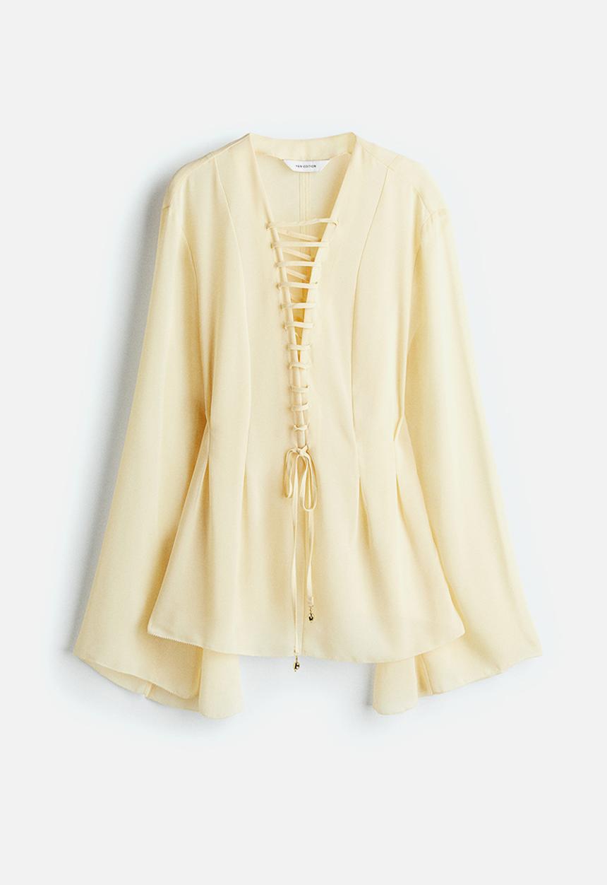 H&M - Lacing-detail chiffon blouse - pale yellow