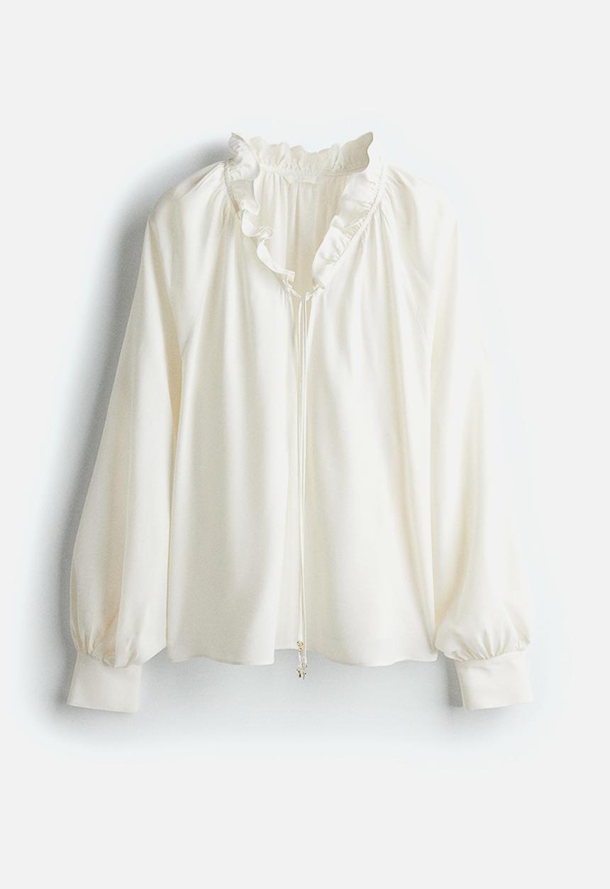 H&M - Frill-trimmed drawstring blouse - white