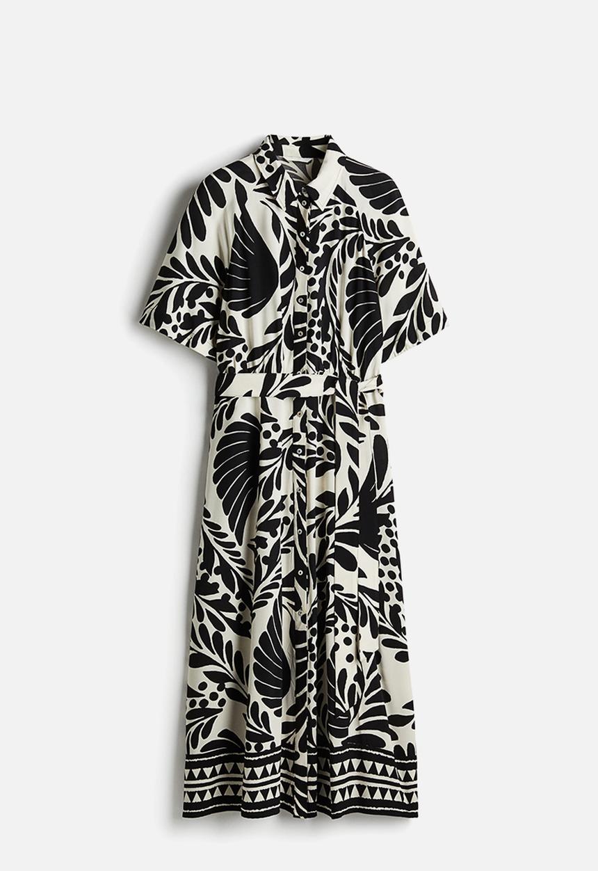 H&M - Tie-belt shirt dress - cream & black patterned