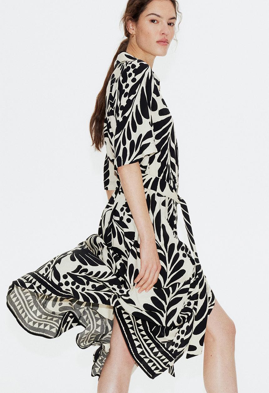 H&M - Tie-belt shirt dress - cream & black patterned