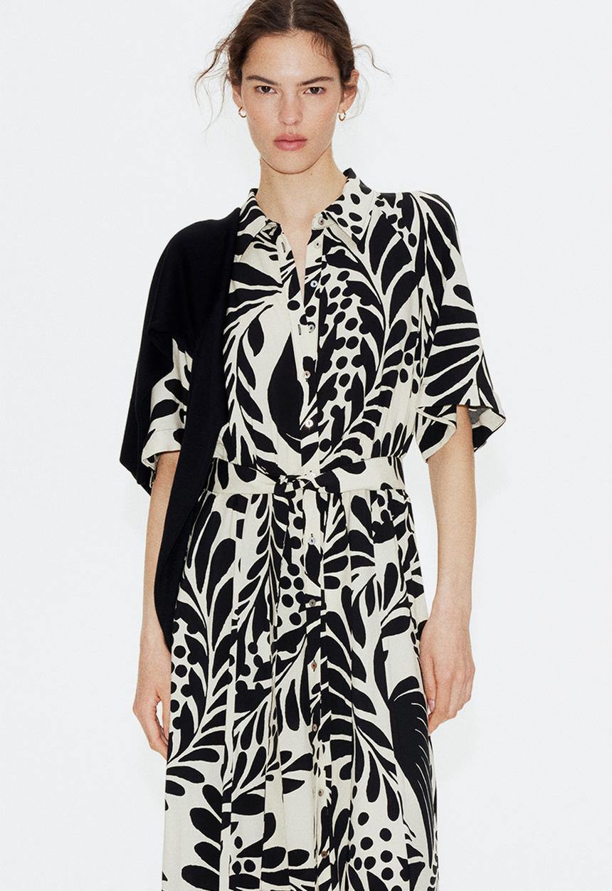 H&M - Tie-belt shirt dress - cream & black patterned
