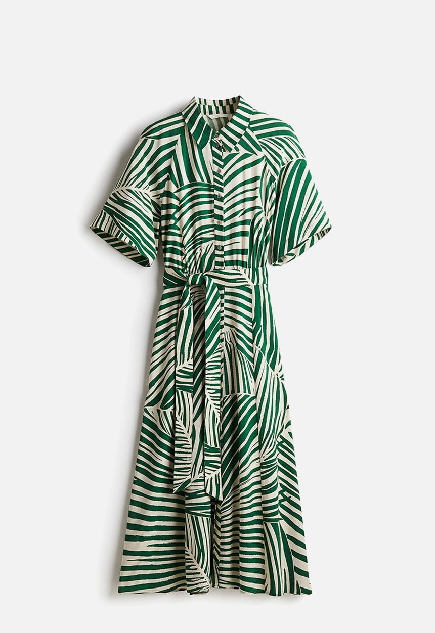 H&M - Tie-belt shirt dress - green patterned