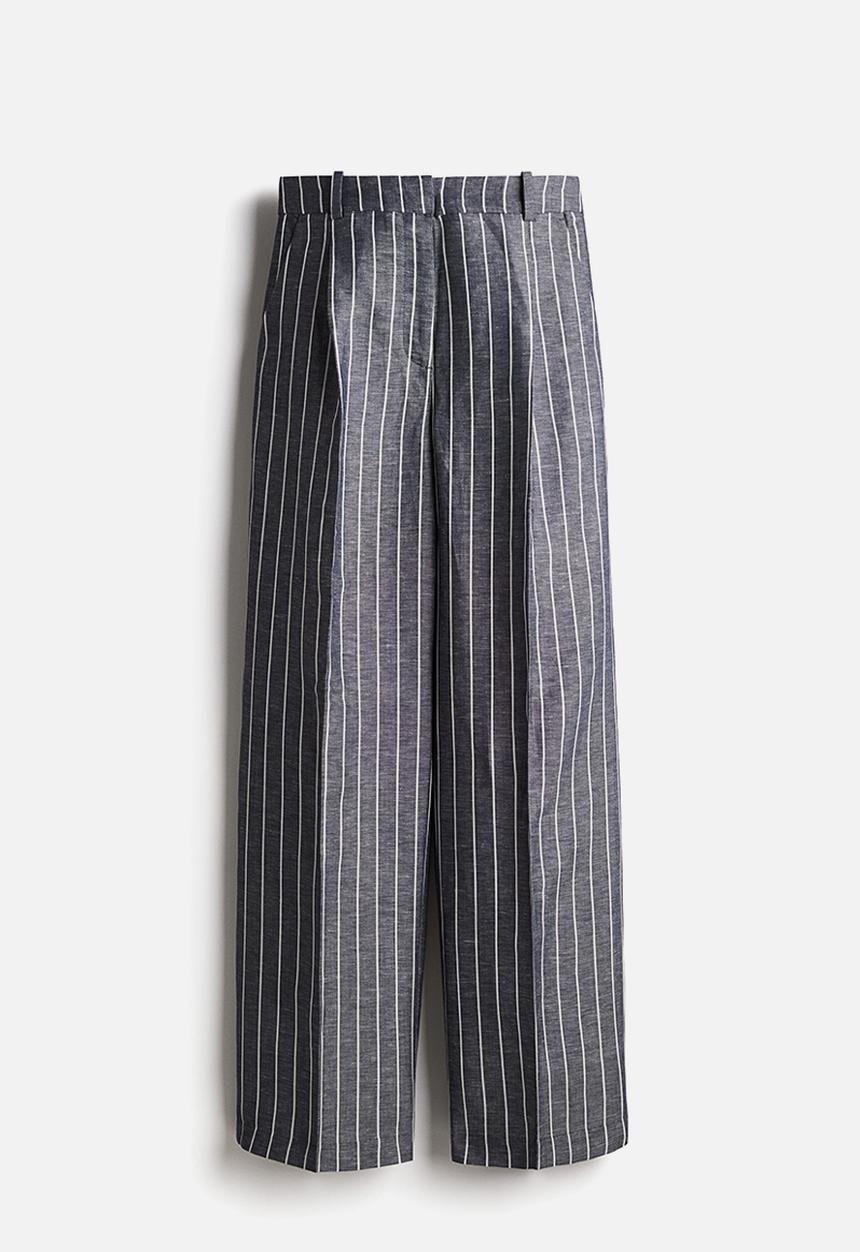 H&M - Wide linen-blend trousers - navy blue striped