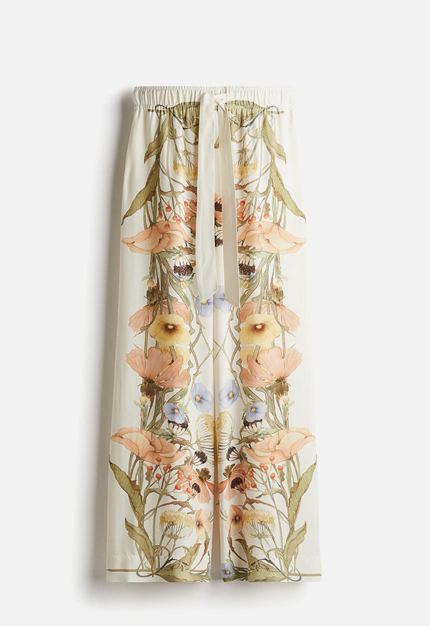 H&M - Wide tie-belt trousers - cream floral