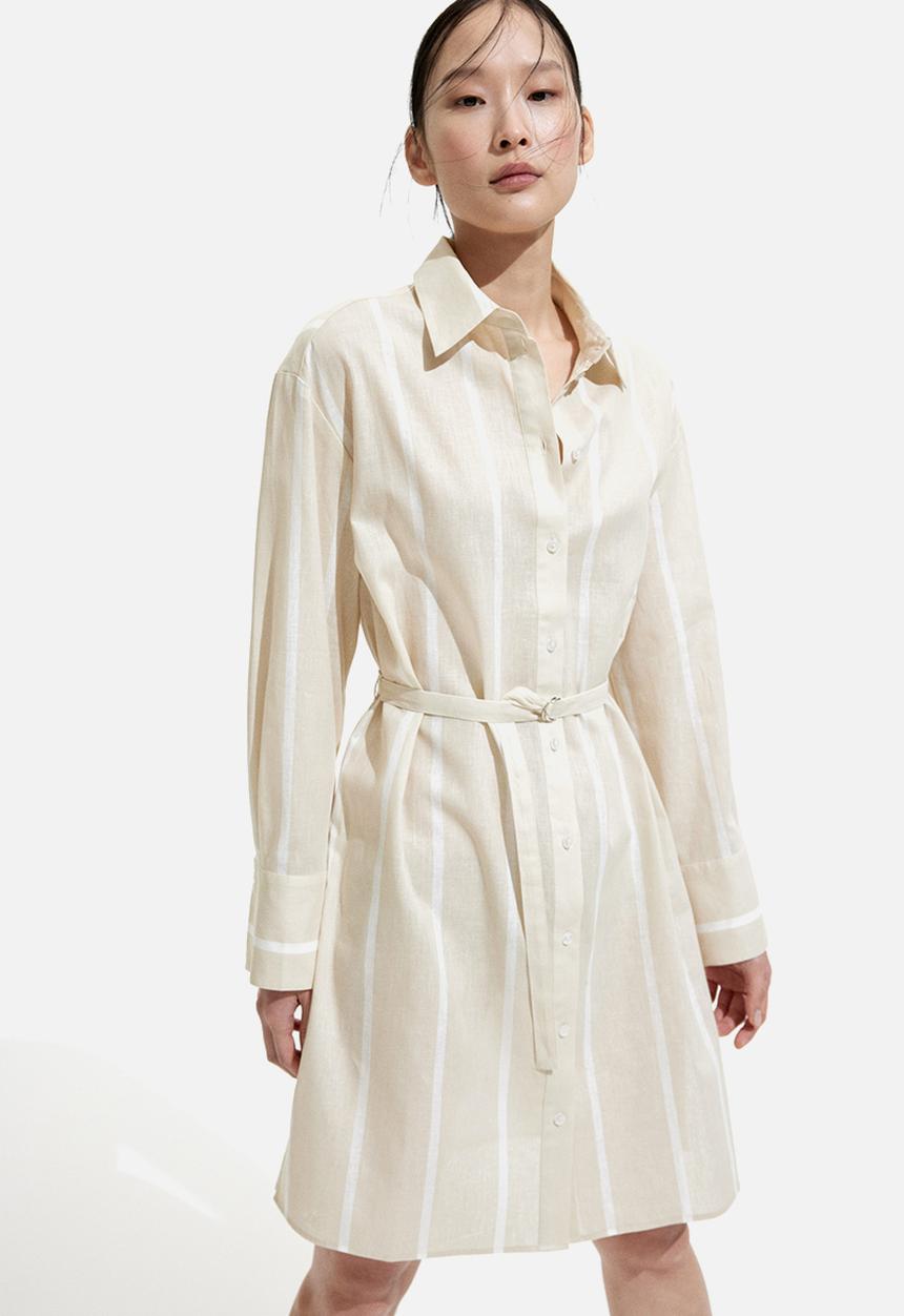 H&M - Linen-blend shirt dress - light beige striped
