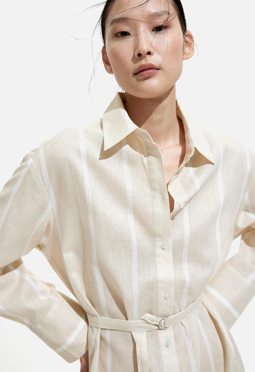 H&M - Linen-blend shirt dress - light beige striped