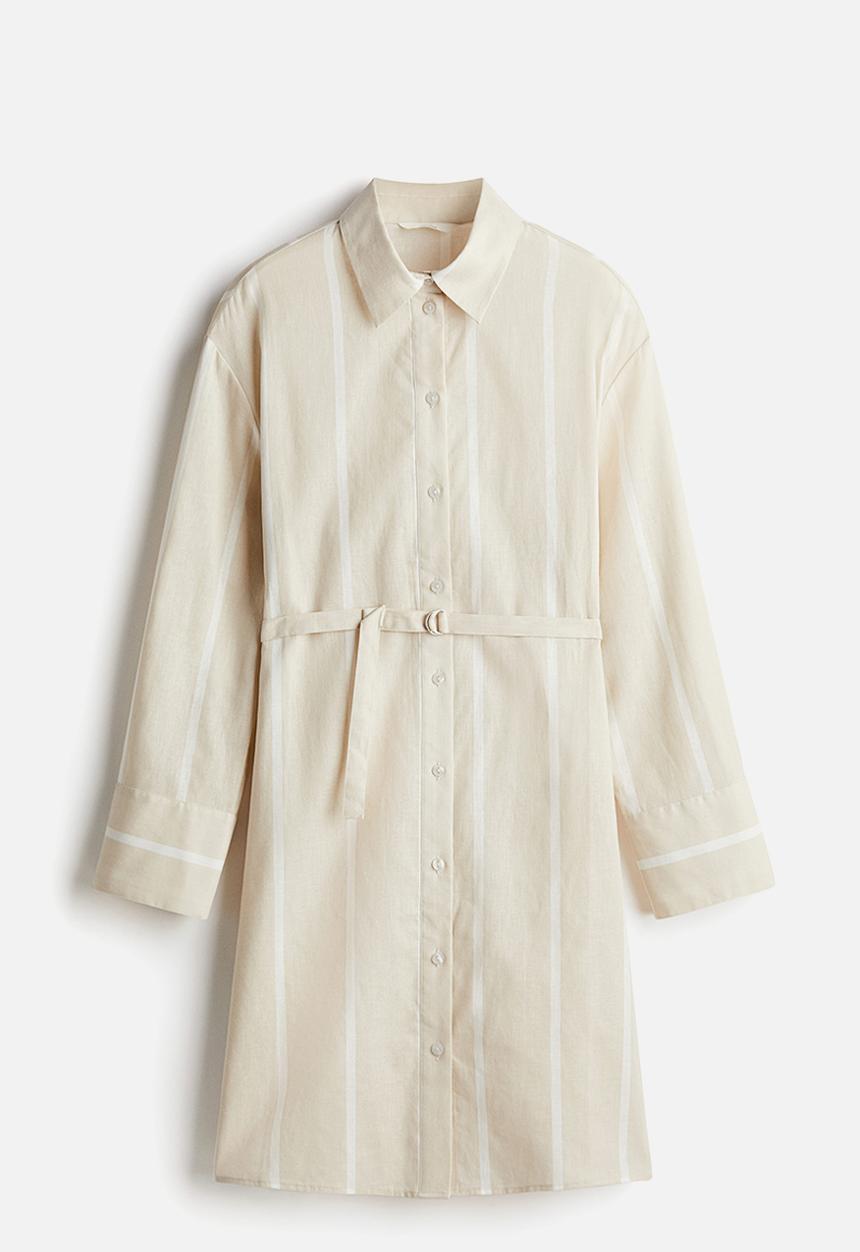 H&M - Linen-blend shirt dress - light beige striped