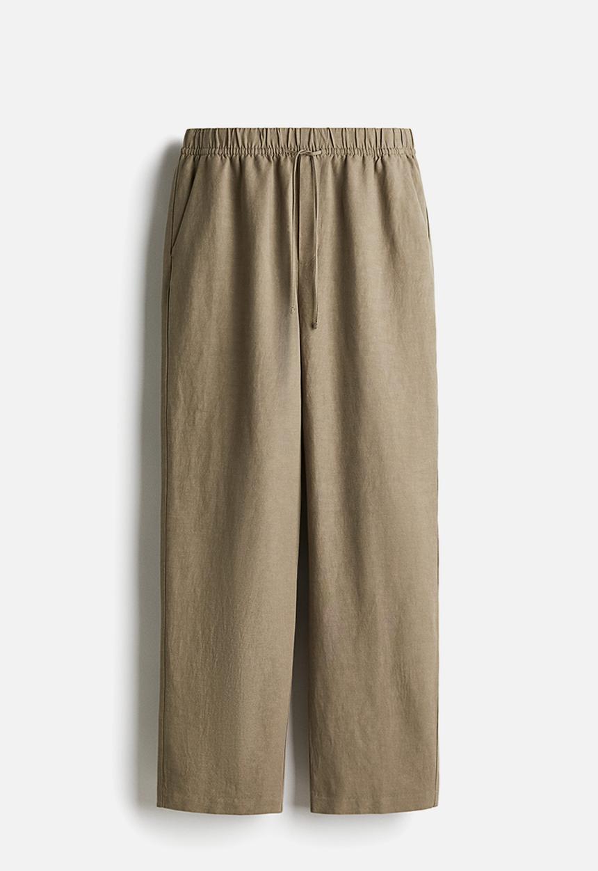 H&M - Linen-blend drawstring trousers - khaki green