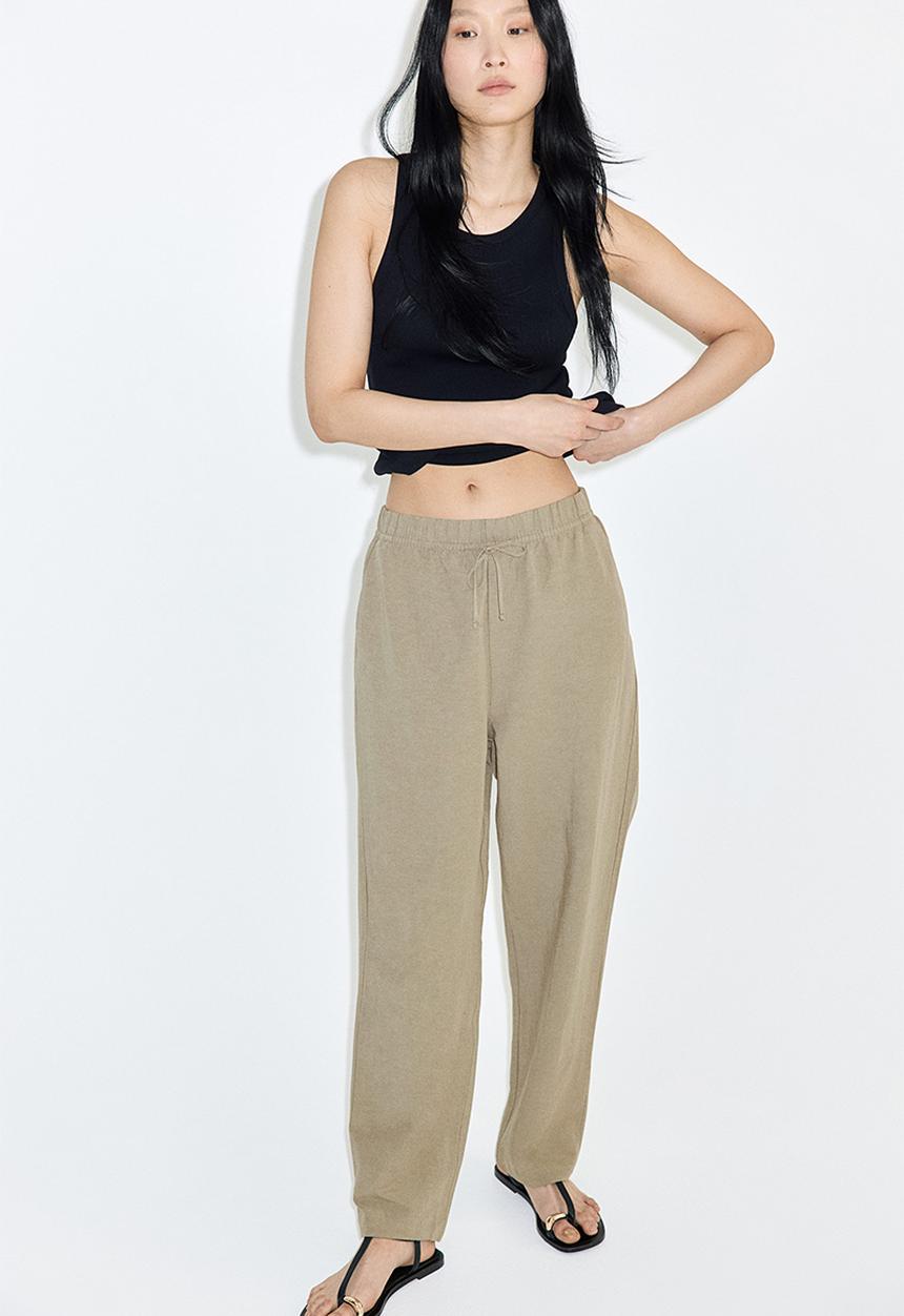 H&M - Linen-blend drawstring trousers - khaki green