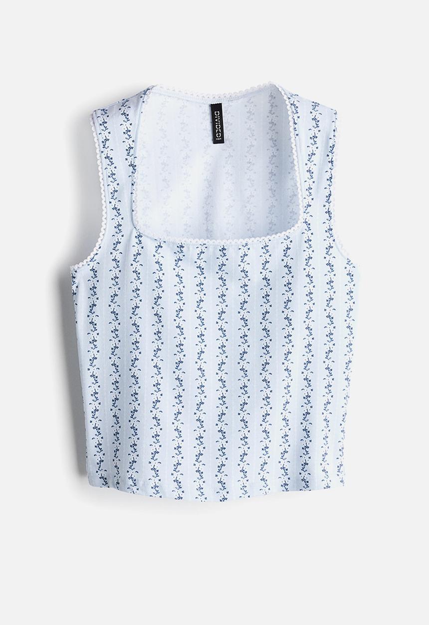 H&M - Picot-trimmed vest top - light blue floral