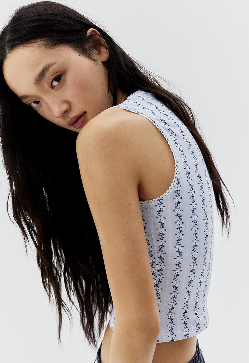 H&M - Picot-trimmed vest top - light blue floral