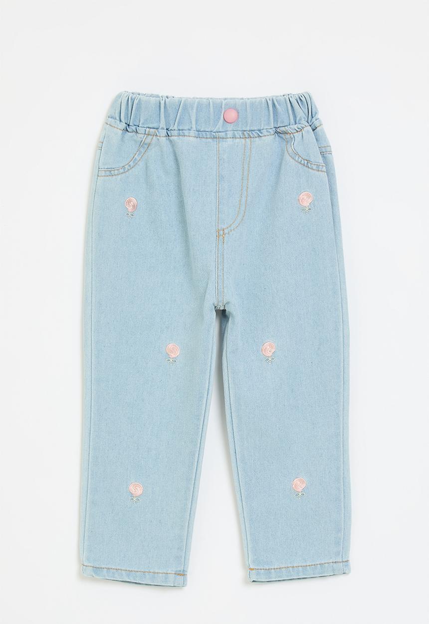 Pop Candy - Elasticated waist stone wash jeans with embroidered flowers - blue