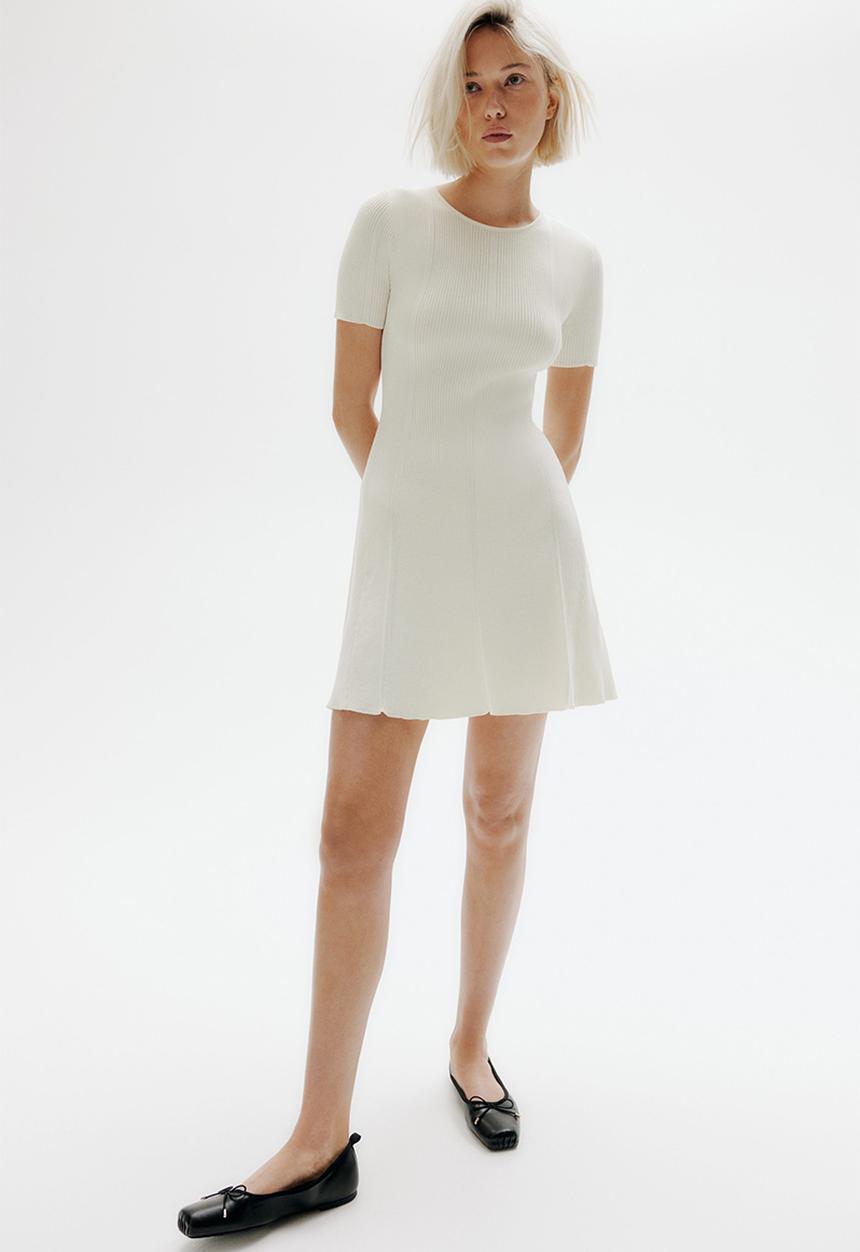 H&M - Rib-knit flared-skirt dress - cream
