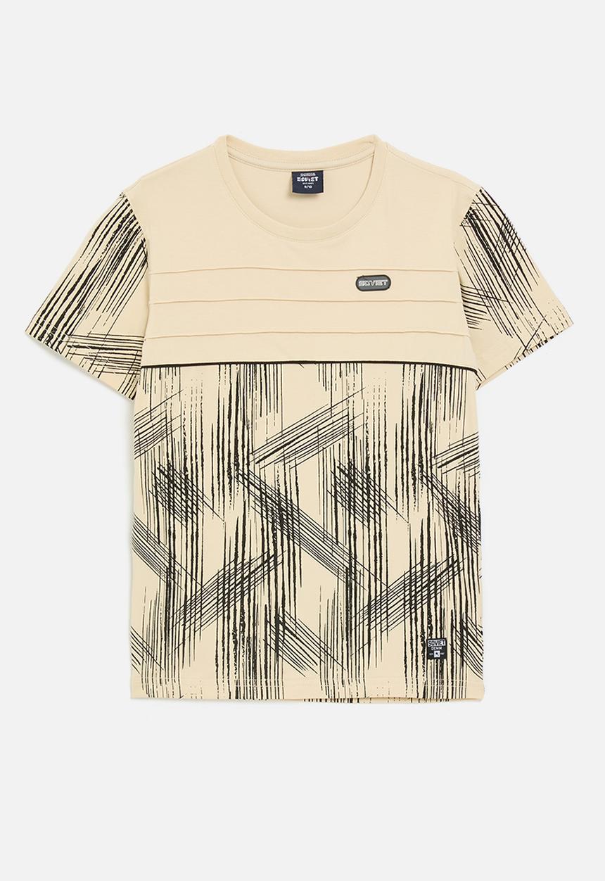 SOVIET - Boys pin tuck rotary print T-shirt  - cream