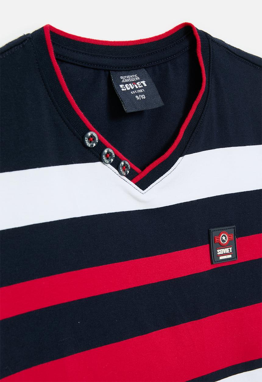 SOVIET - Boys v-neck y/dye stripe tee - navy
