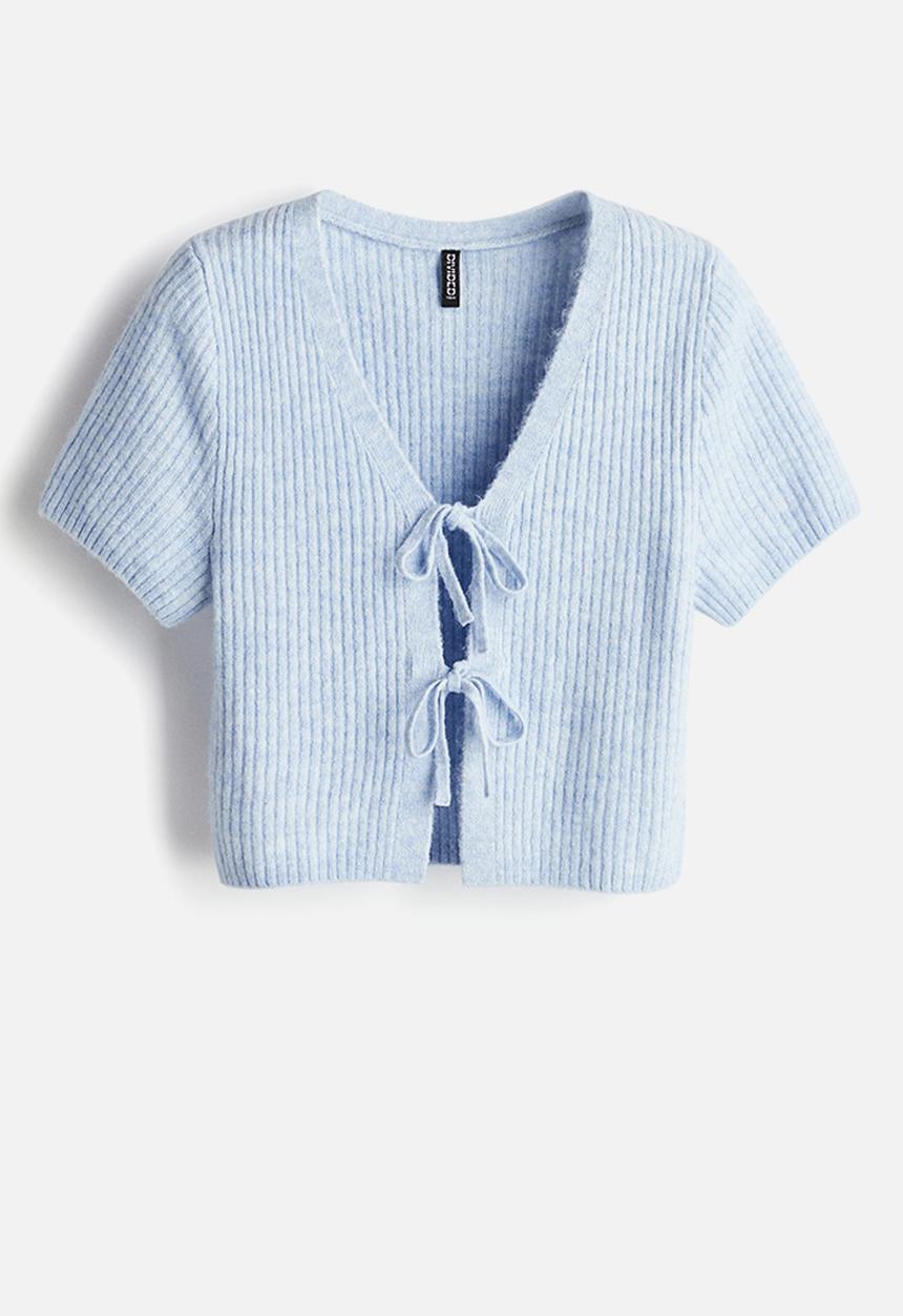 H&M - Tie-detail rib-knit top - light blue marl