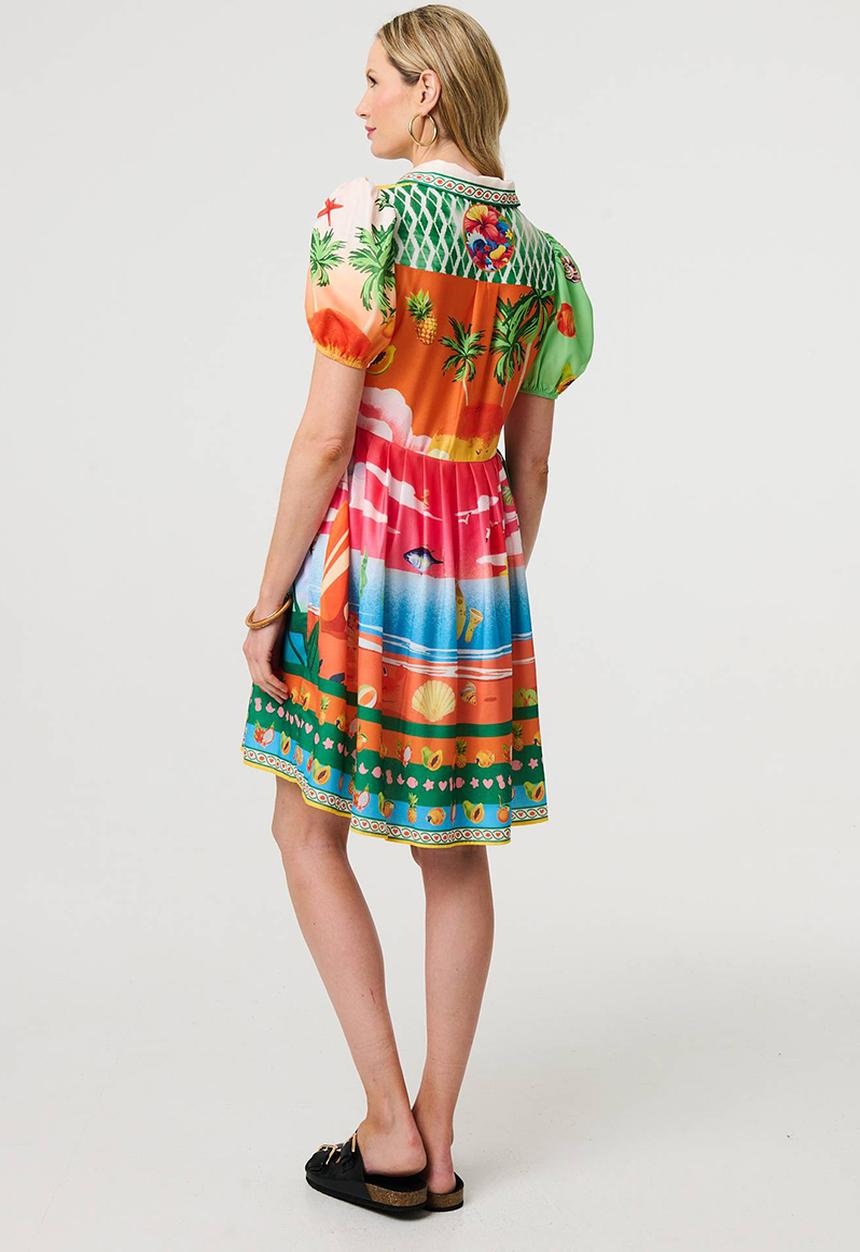 Stella Morgan - Puff Sleeve multi tropical button through Shirt Dress - multi