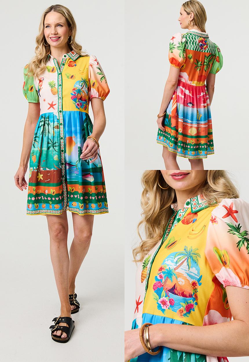 Stella Morgan - Puff Sleeve multi tropical button through Shirt Dress - multi