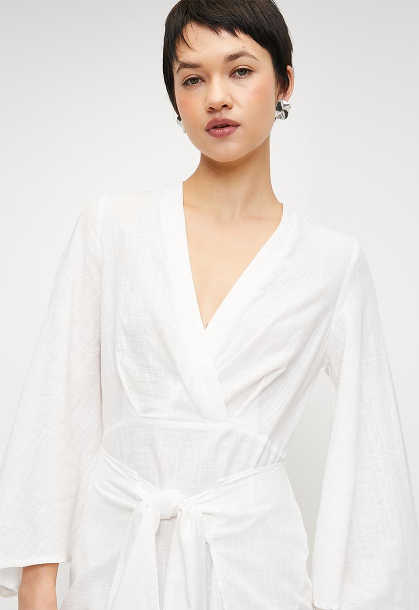 Trendyol - Woven Flamed Cotton Tied Mini Beach Dress - White 