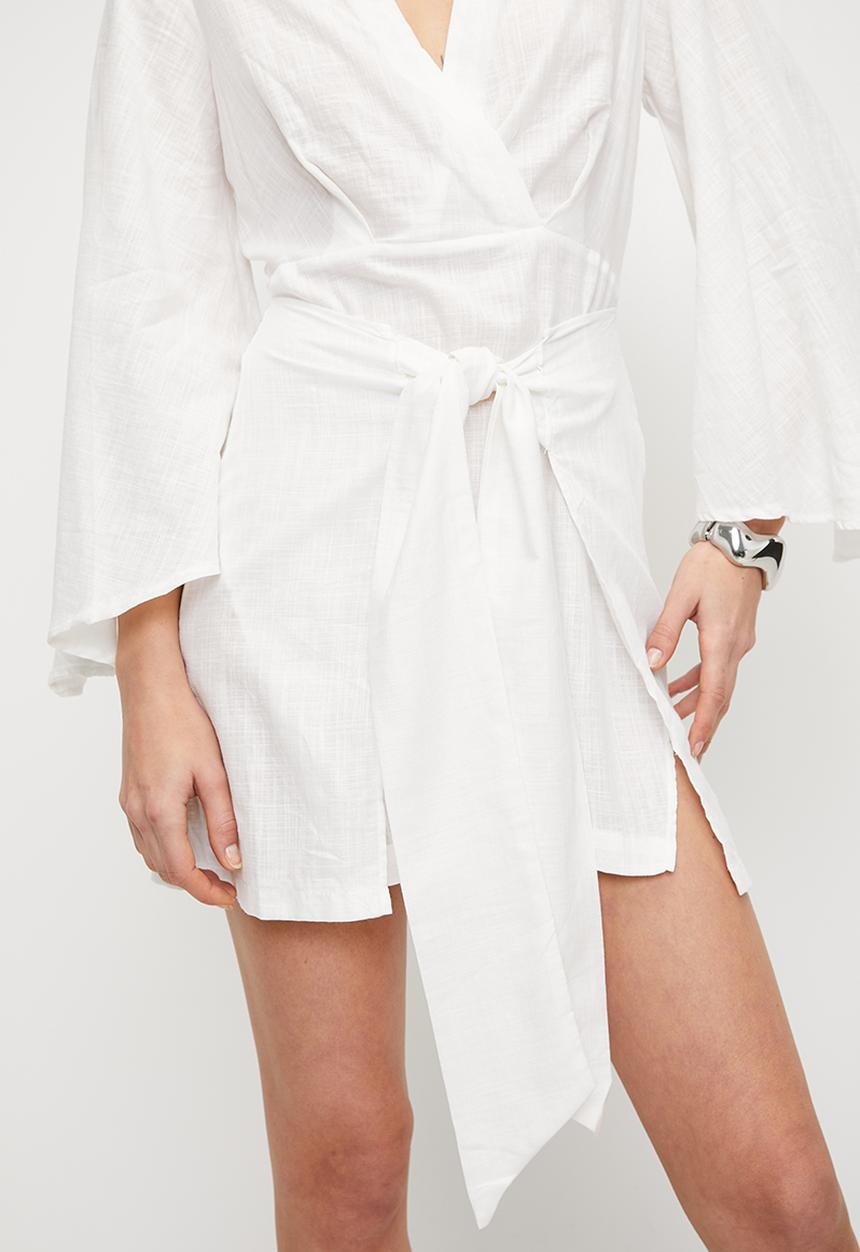 Trendyol - Woven Flamed Cotton Tied Mini Beach Dress - White 