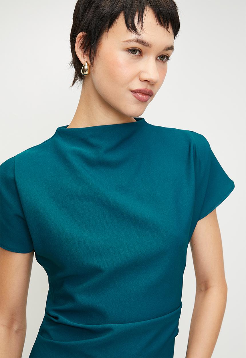 Trendyol - Green a-line cowl neck midi crepe woven dress - oil green