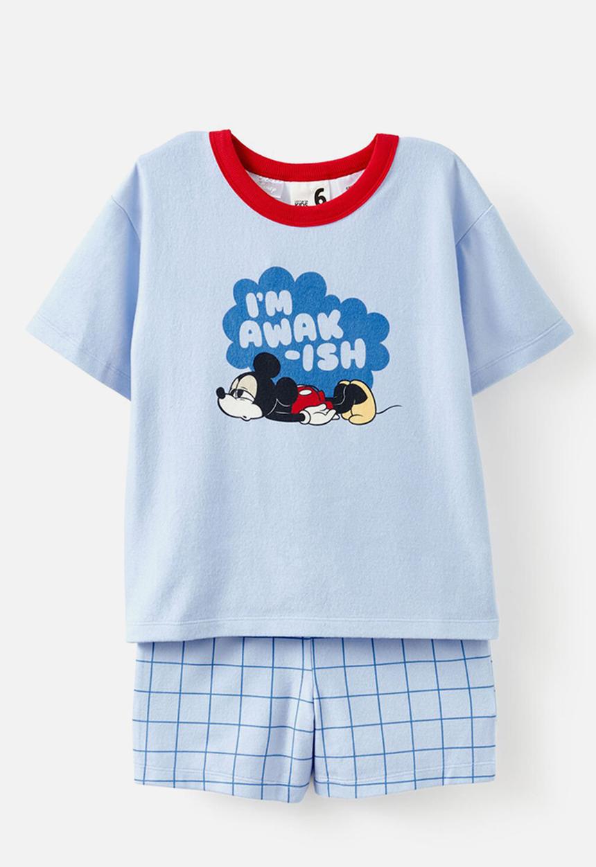 Cotton On - Damon short sleeve pyjama set license - lcn dis dawn blue/mickey grid
