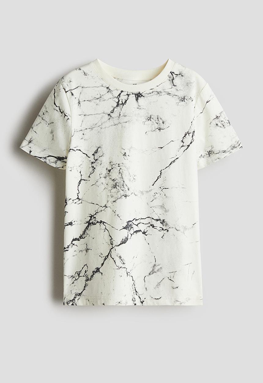 H&M - Printed cotton T-shirt - cream/marbled