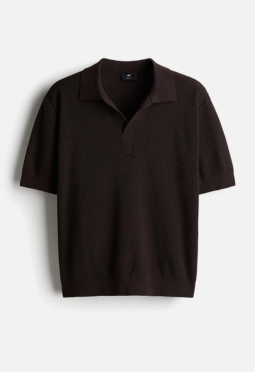 H&M - Regular fit cable-knit polo shirt - dark brown