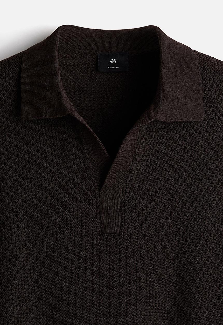 H&M - Regular fit cable-knit polo shirt - dark brown