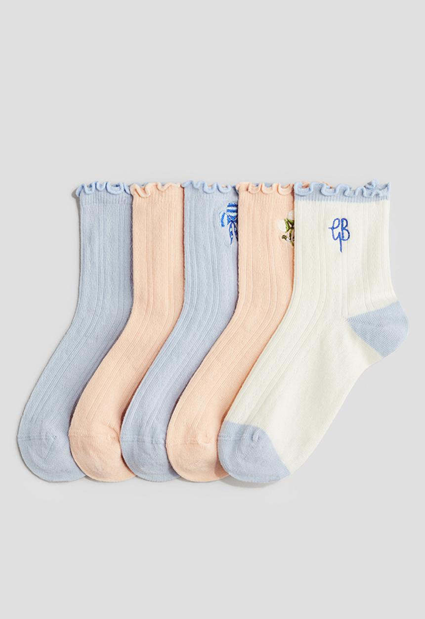 H&M - 5-pack overlocked pointelle socks - light blue/peach
