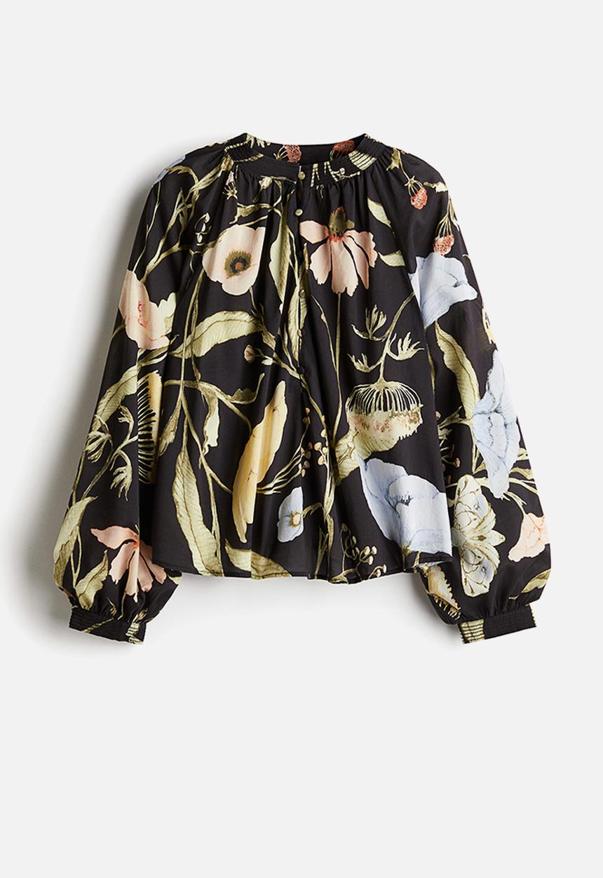 H&M - Band-collar blouse - black/floral