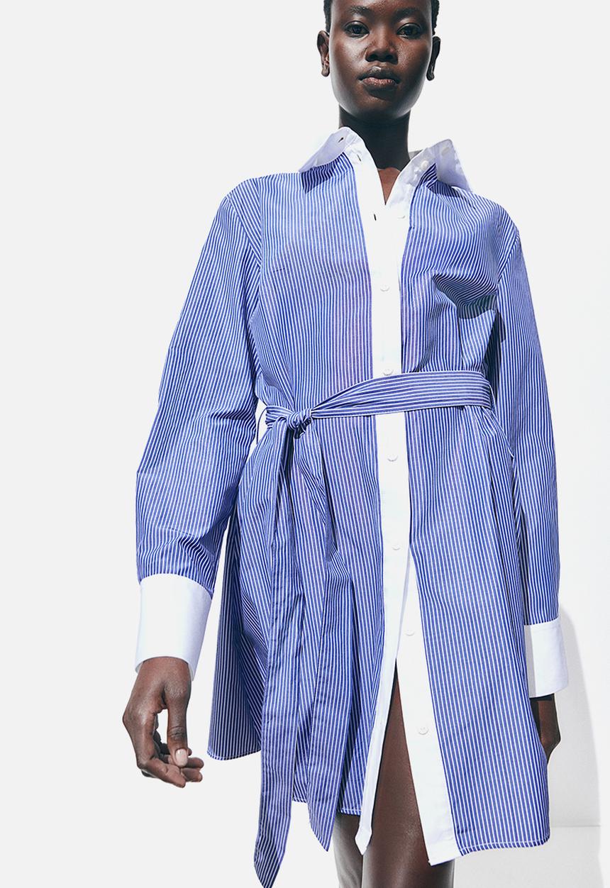 H&M - Tie-belt shirt dress - blue striped
