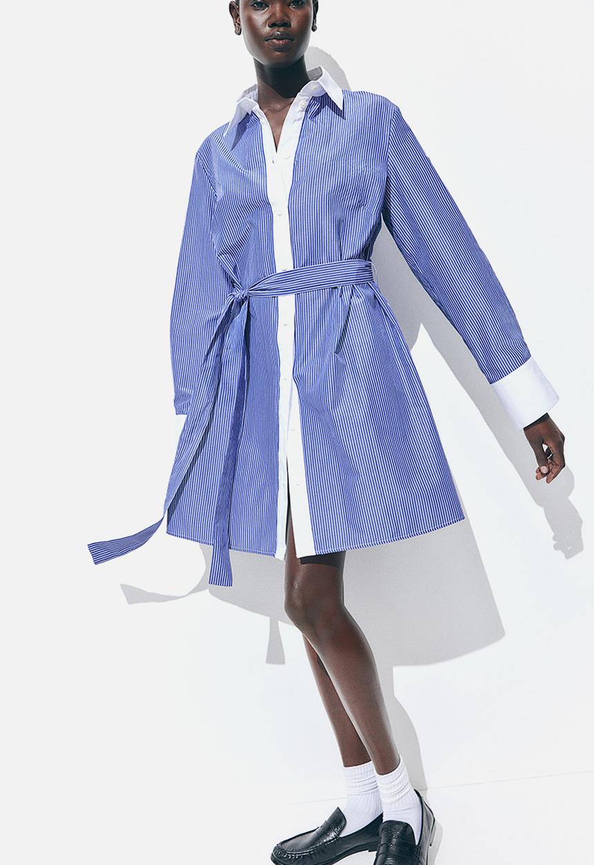 H&M - Tie-belt shirt dress - blue striped