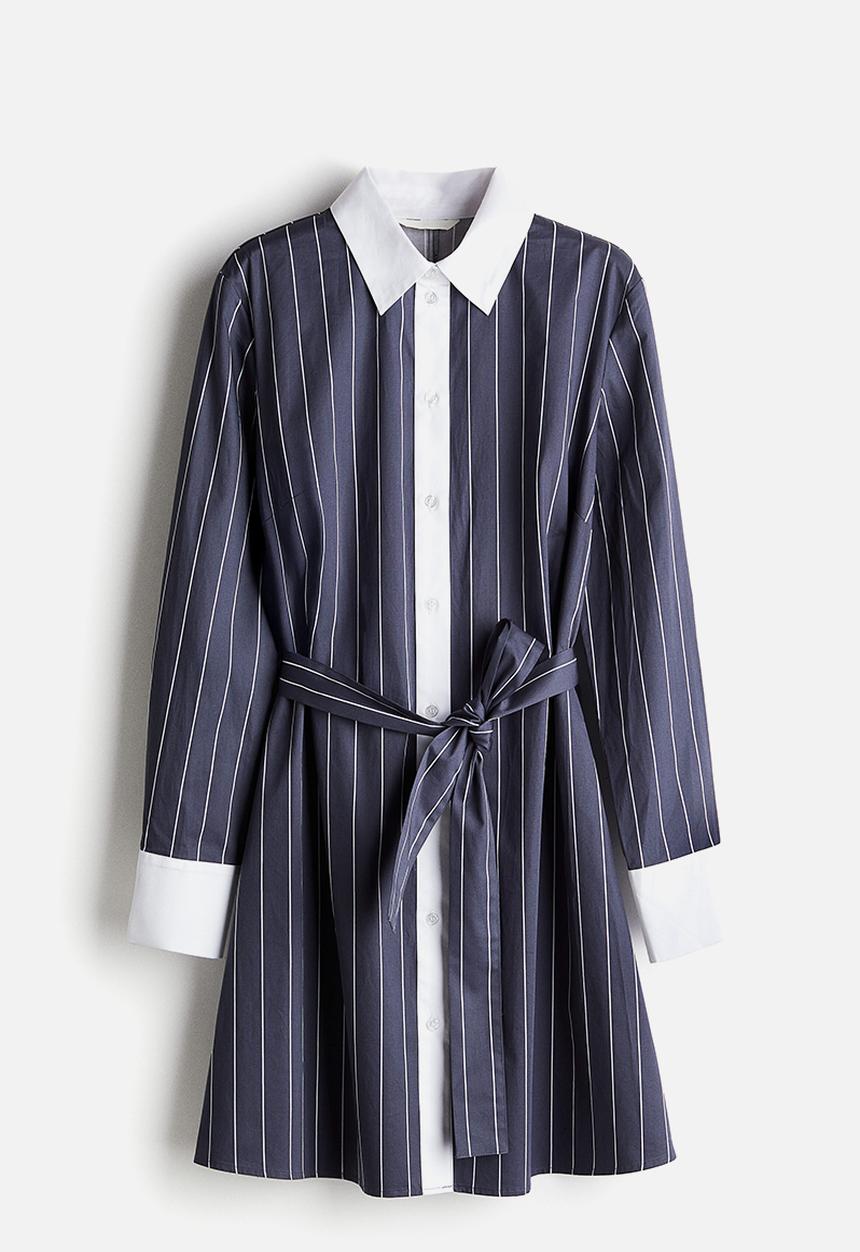 H&M - Tie-belt shirt dress - navy blue striped