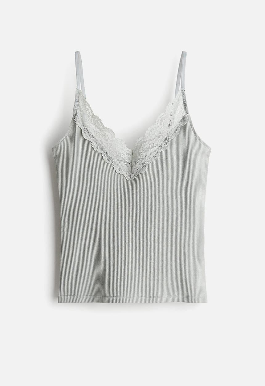 H&M - Lace-trimmed strappy top - light blue-grey
