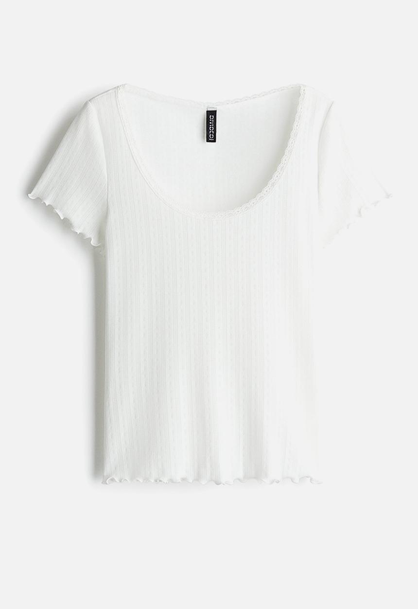 H&M - Lace-trimmed pointelle t-shirt - white