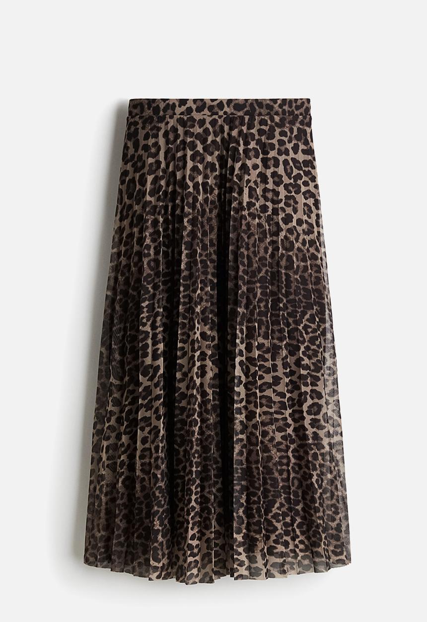 H&M - Pleated mesh skirt - dark brown & leopard print 
