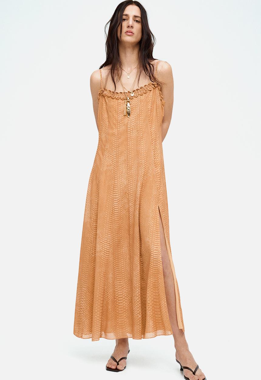H&M - Strappy chiffon dress - beige/snakeskin-patterned 
