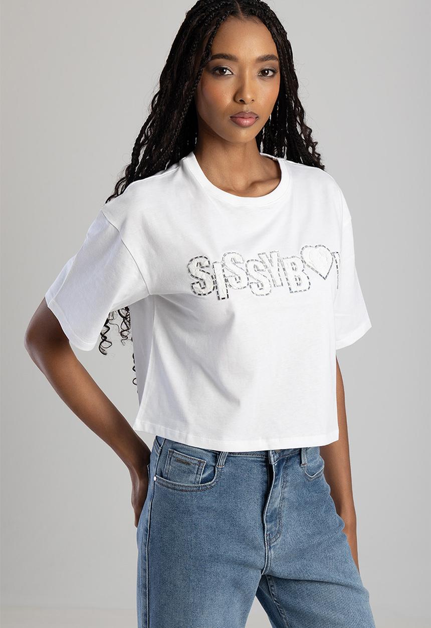 SISSY BOY - Call Me Yours: Boxy Top With Textured Bling Logo - White