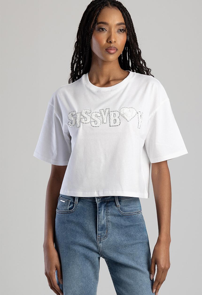 SISSY BOY - Call Me Yours: Boxy Top With Textured Bling Logo - White