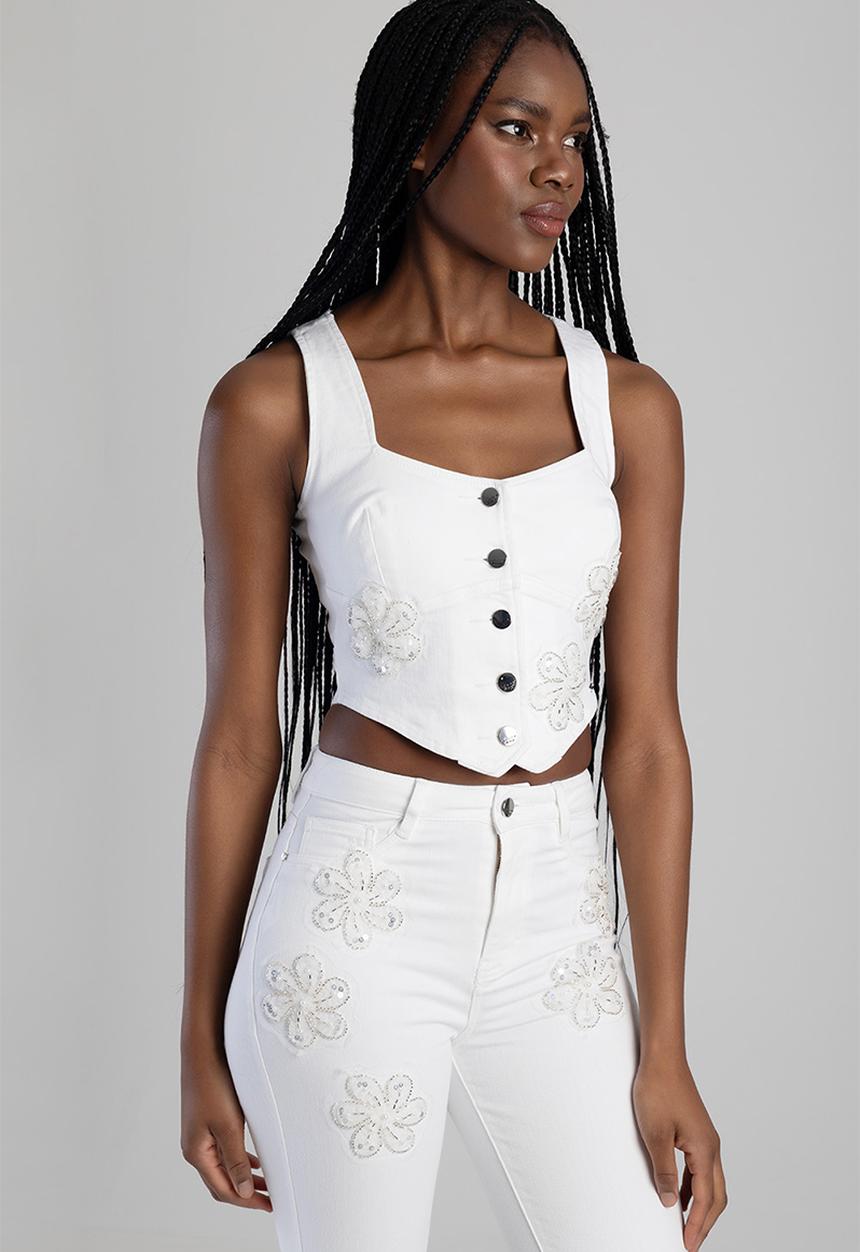 SISSY BOY - Denim Waistcoat With Floral Applique - White