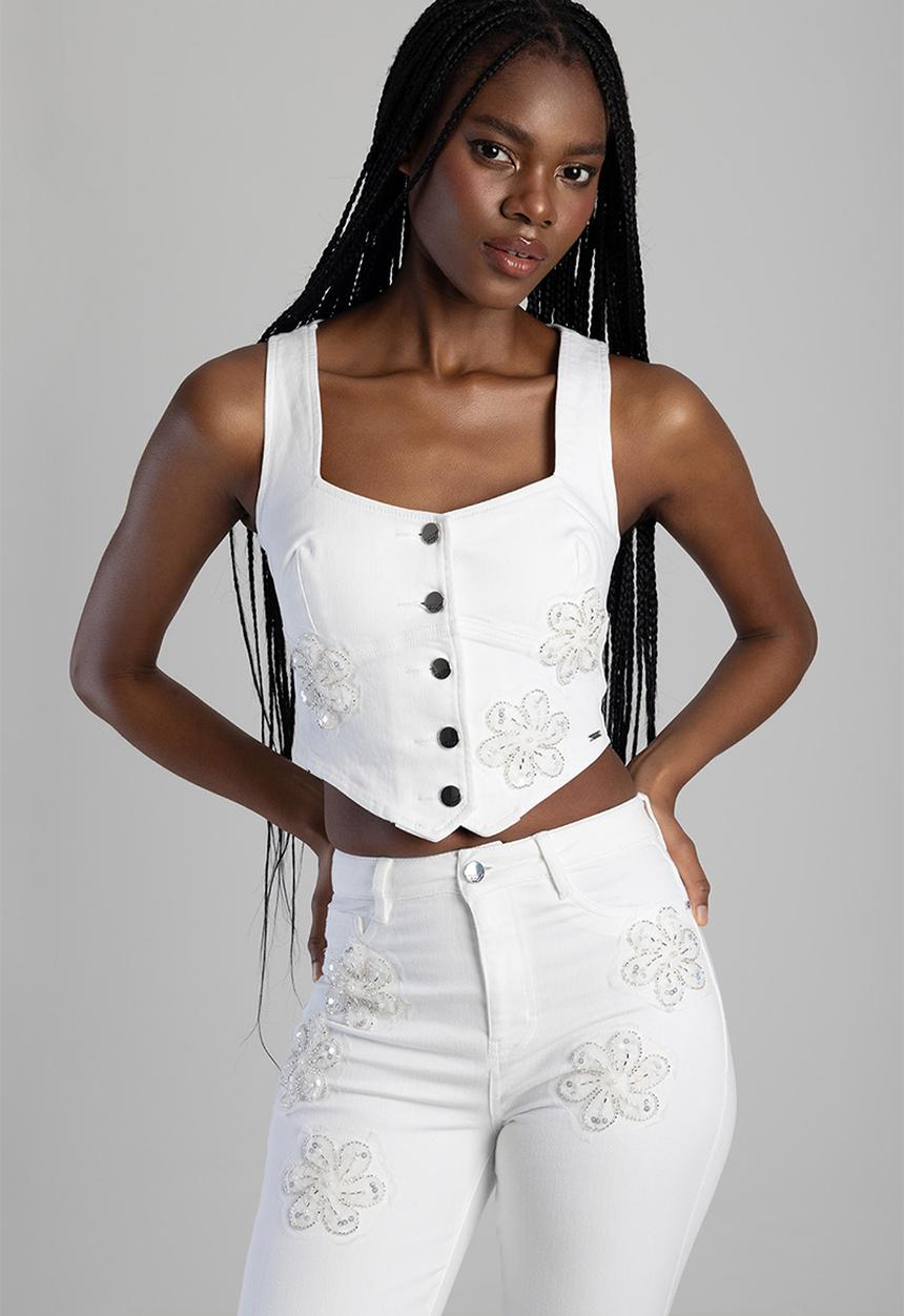 SISSY BOY - Denim Waistcoat With Floral Applique - White