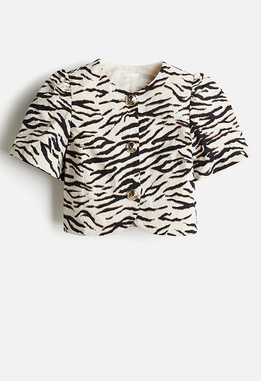 H&M - Puff-sleeved blouse - cream/zebra print