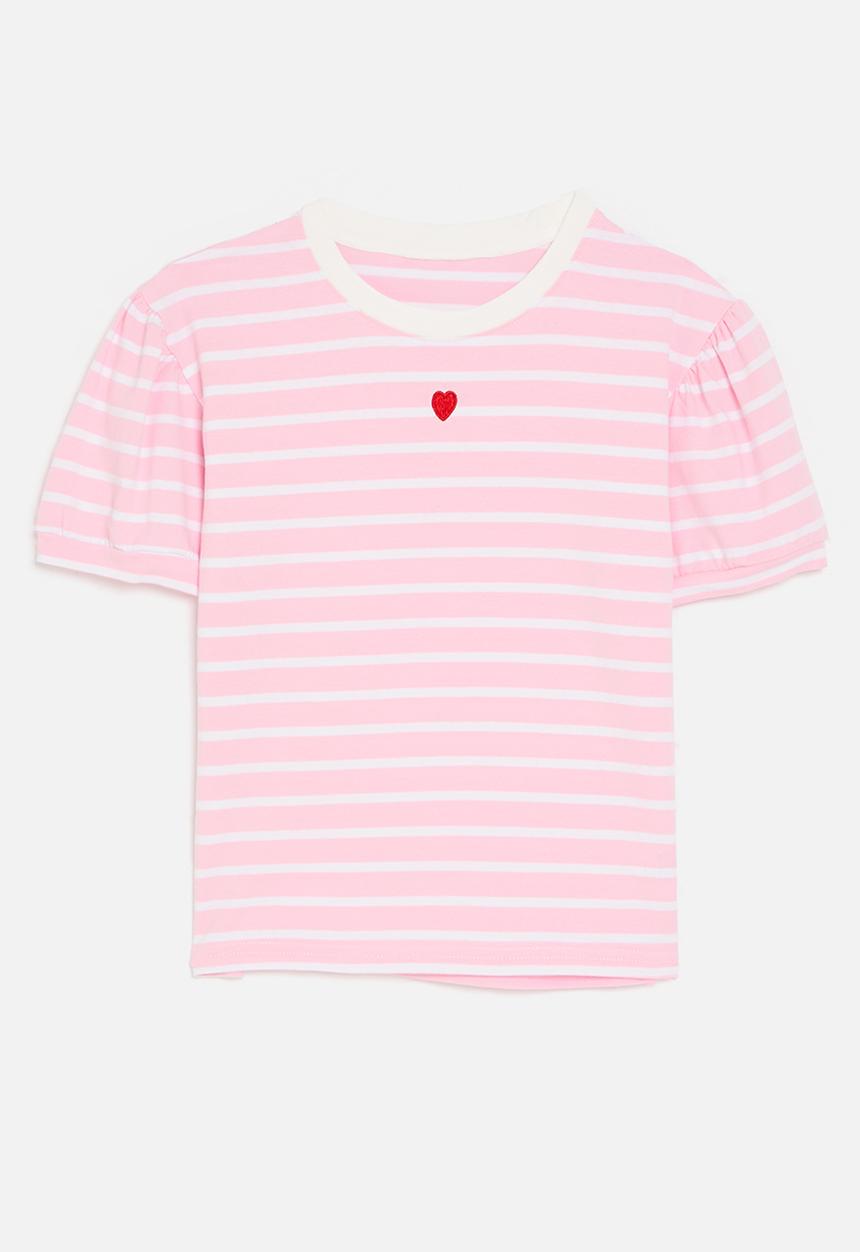 Pop Candy - Heart embroidered puff sleeve tee - pink stripes/white