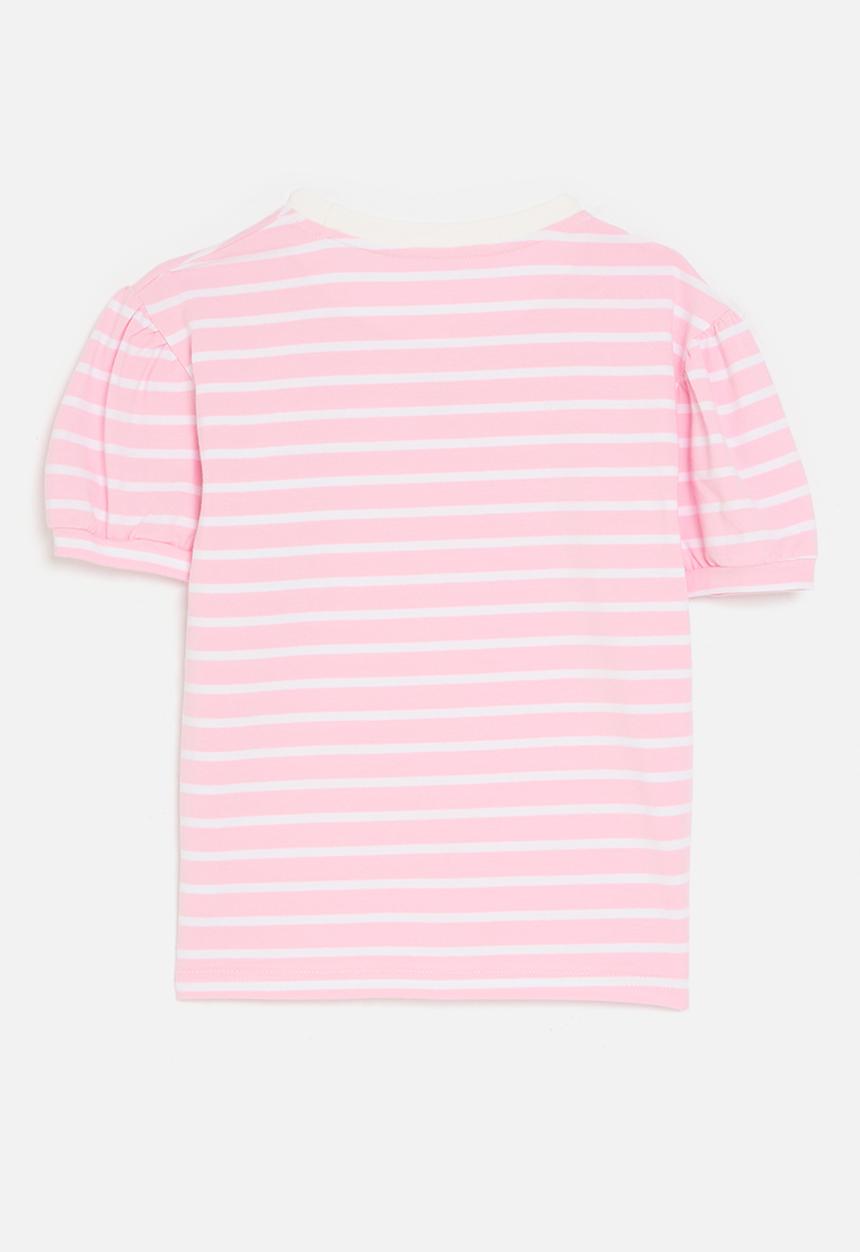 Pop Candy - Heart embroidered puff sleeve tee - pink stripes/white